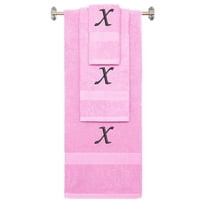 Custom Embroidered Terry Cotton Ring Spun Bath Towel, Hand Towel And Washcloth Set - Pink Towel Set, Black Chancery Initial X