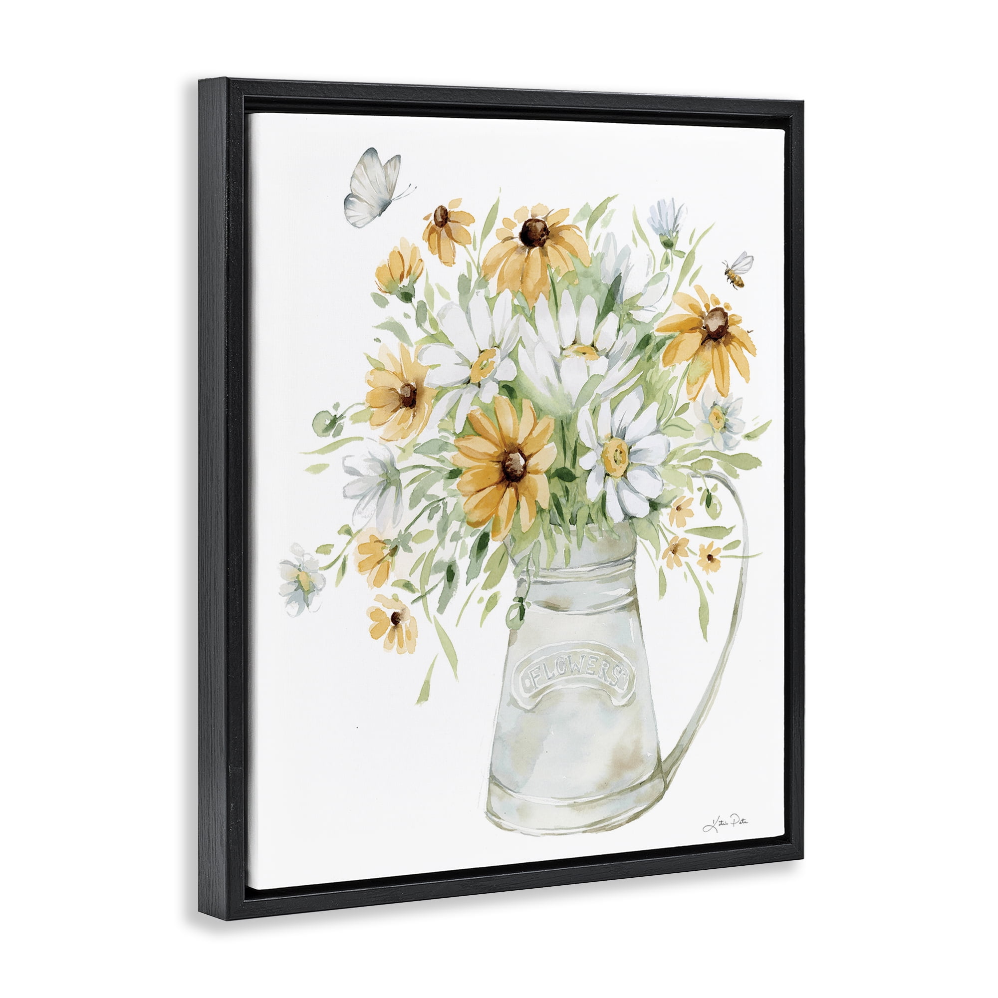 Stupell Industries Sunflowers & Daisies Vase Botanical & Floral Painting Black Floater Framed Art Print Wall Art, 17 x 21