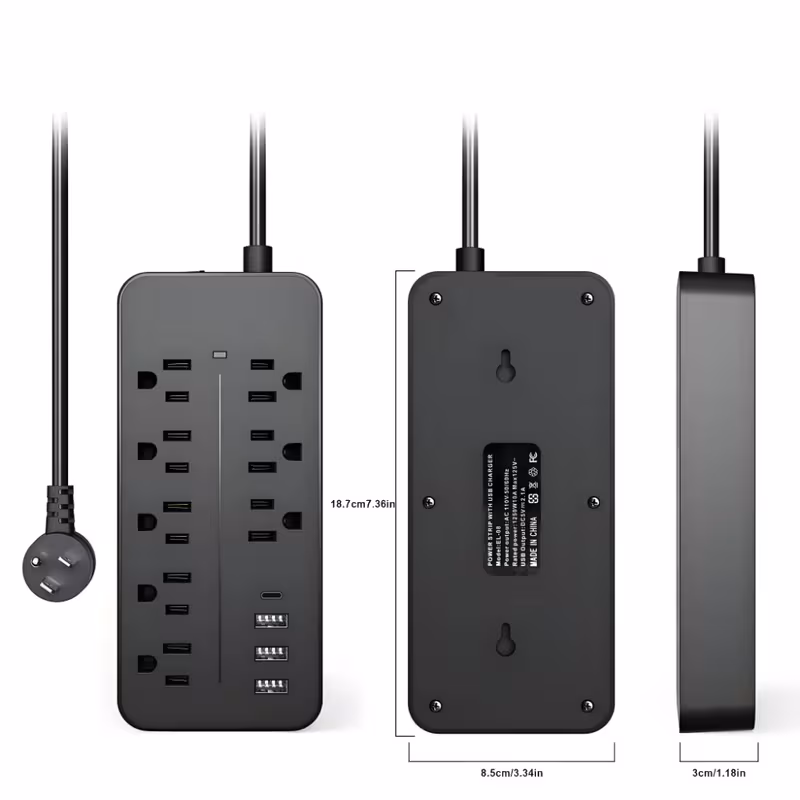 thumbnail image 1 of 2 piezas/lote Blanco+Negro ENCLAVE US 2M/6.5FT Protector contra sobretensiones para tiras de 12 tomas con 4 puertos USB y 1 puerto USB-C (5V/3A), 1 of 1