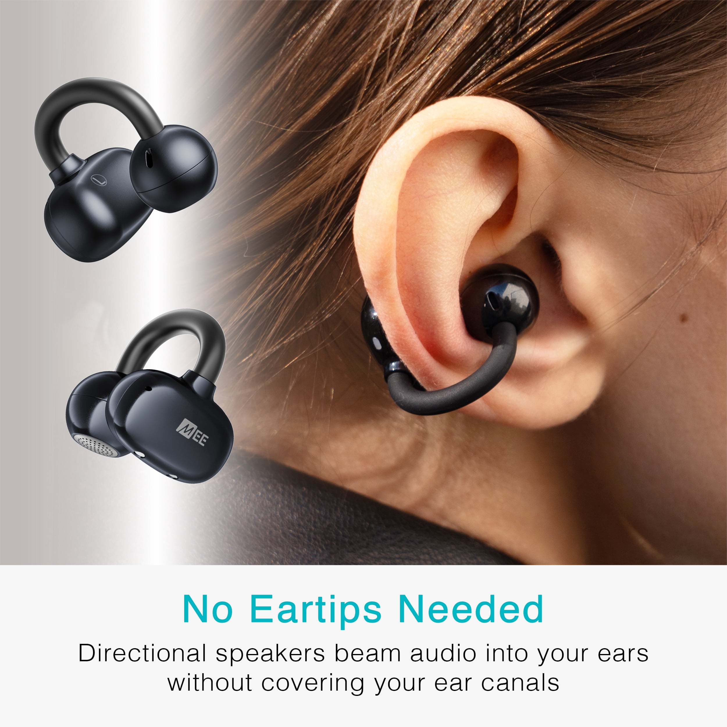 MEE audio Pebbles Air Open Ear True Wireless Earbuds: Earclip Headphones with Headset (Onyx)