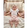 thumbnail image 4 of Loicainy Baby Toddler Girls Summer Outfits 3 6 12 18 Months Short Sleeve O Neck Letter Embroidery Romper Bow Print Pants Headband Clothes Set, 4 of 9