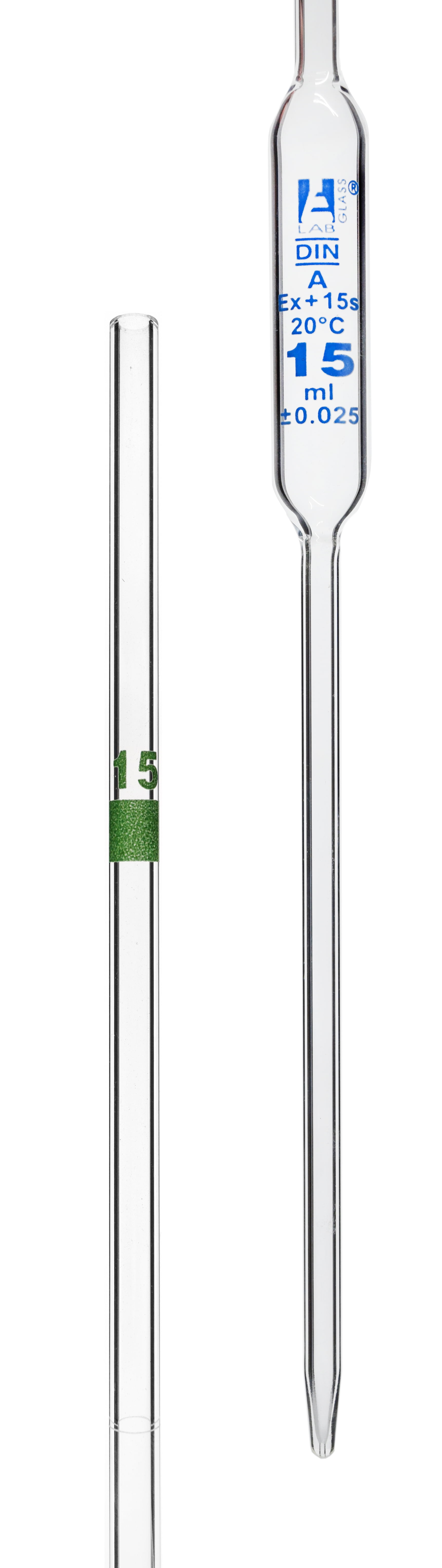 Pipette, 15ml Class A Tolerance 0.025ml Color Code, Green Bulb