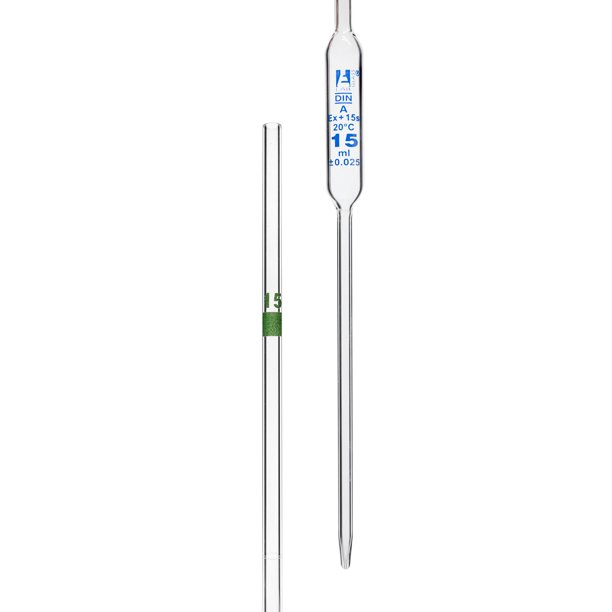 Pipette, 15ml Class A Tolerance 0.025ml Color Code, Green Bulb