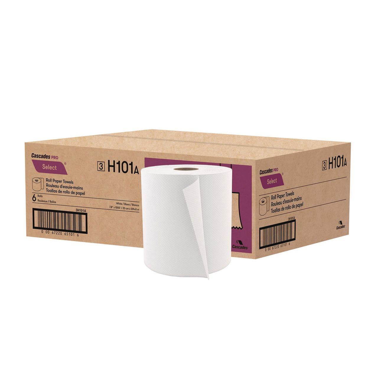 Cascades Select Roll Paper Towels, 1-Ply, 7.88" x 1,000 ft, White, 6/Carton