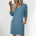 thumbnail image 2 of Midi Dresses for Women Solid Color Casual Long Sleeved V-neck Side Pocket Casual Fashion Dress A-Line Casual Loose T-Shirt Beach Sundress, 2 of 6