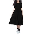 thumbnail image 2 of hengsof Girls Short Sleeve Dress Solid Color Square Neck Bubble Sleeve Ruched Casual Summer Dress for Kids Ages 5-16, 2 of 5