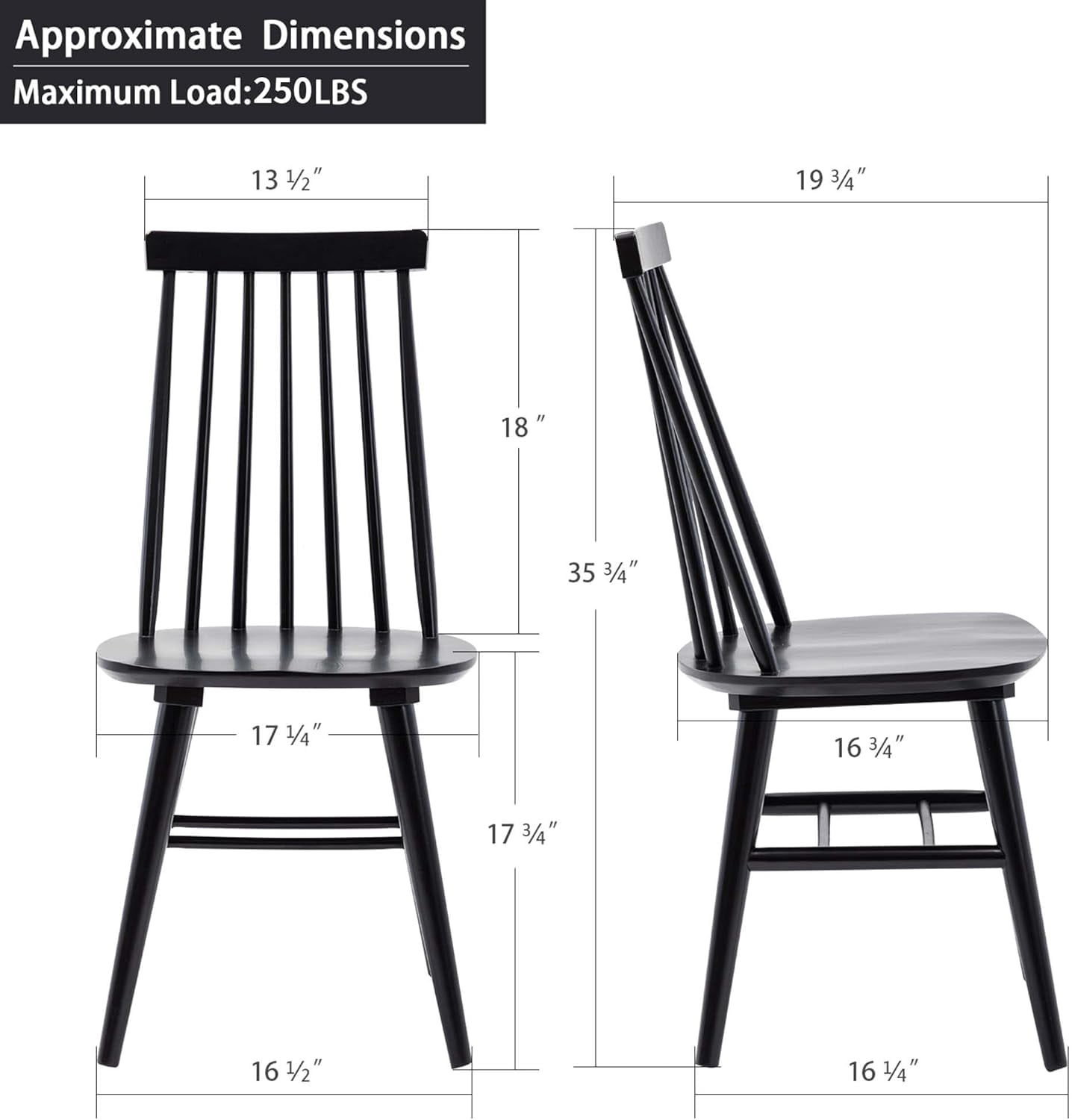 Windsor Dining Chairs Set of 4, Solid Wood Back Kitchen Chairs, Classic Farmhouse Dining Room Chairs for Kitchen, Dining Room, Living Room（Black）