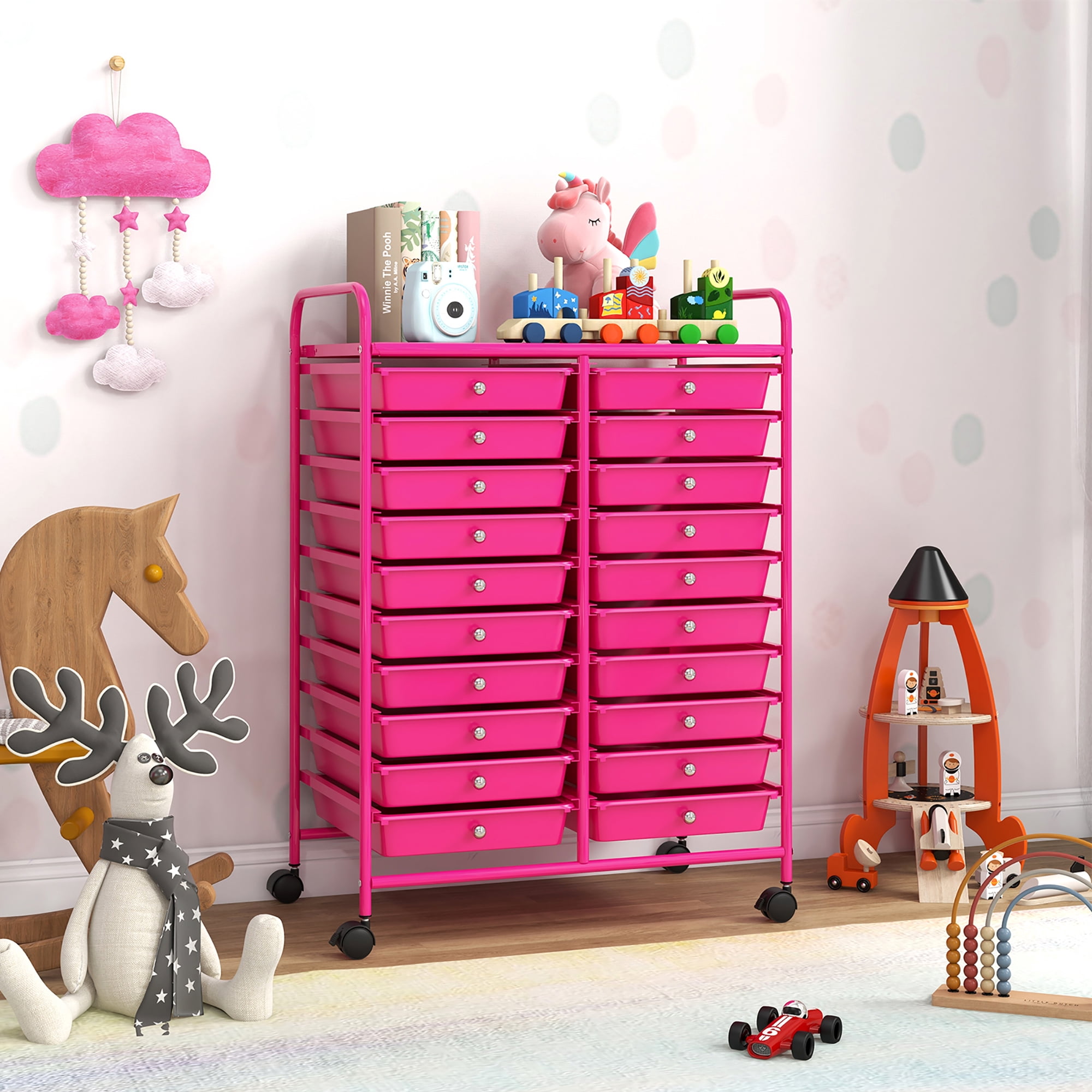 Gymax Rolling Storage Cart Art Craft Organizer on Wheels Multipurpose 20 Drawers Hot Pink