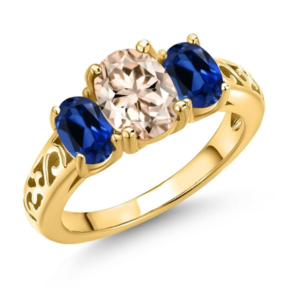 Gem Stone King 18K Yellow Gold Plated Silver Peach Morganite and Blue Created Sapphire Filigree Style 3 Stone Ring for Women (2.20 Cttw, Oval 8X6MM and 6X4MM) (Size 6)