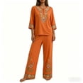 thumbnail image 3 of Floleo Women Boho Two Piece Outfit V Neck 3/4 Sleeve Floral Print Top Wide Leg Pants Vacation Matching Set, 3 of 7