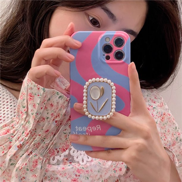 iPhone 11 12 13 14 PRO MAX 14 14Pro Rosa Púrpura Onda Con Tulipán Popsocket PC Funda