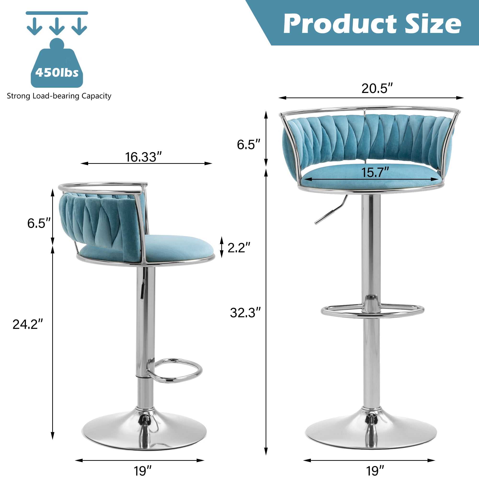 DREAMSIDEA Swivel Bar Stools Set of 4 Modern Velvet Upholstered High Back Adjustable Bar Chairs with Silver Footrest for Kitchen Counter Square Island, Blue