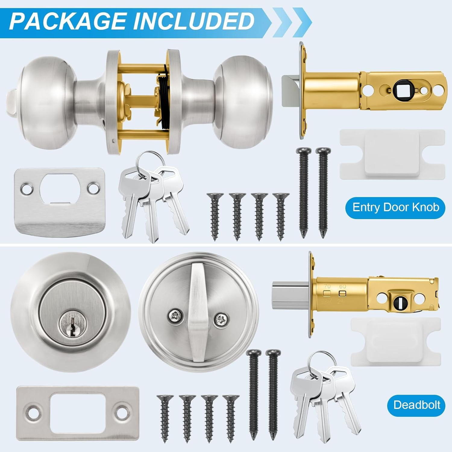 3 Pack Entry Door Lock and Single Cylinder Deadbolt Combo Set, Keyed Alike Satin Nickel Exterior Door Knobs with Lock&Keys, Round Ball Door Locksets with Deadbolt for Entrance and Front Door