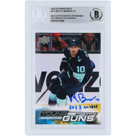 Matty Beniers Seattle Kraken Autographed 2022-23 Upper Deck Series 1 Young Guns #213 Beckett Fanatics Witnessed Authenticated Rookie Card with "2023 Calder" Inscription - Fanatics Authentic Certified