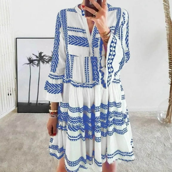 Munlar Women's Pleated Sundress Loose Striped Blue Mini Dress Summer 3/4 Sleeve Dress for Women
