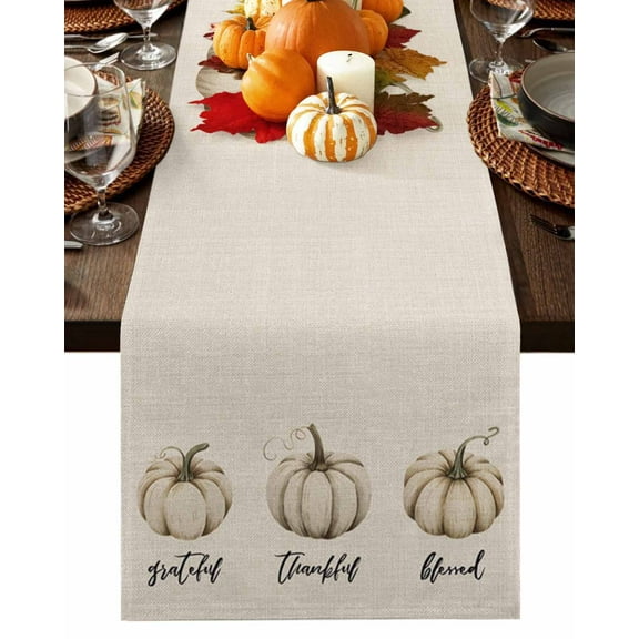 Fall Table Runner Thanksgiving White Pumpkin Table Runners Autumn Harvest Linen Cotton Linen Dresser Scarf Kitchen Dining Table Decor for Fall Holiday Party Decor 13x36 Inch