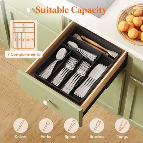 Silverware Drawer Organizer Tray, Plastic Cutlery Storage for Kitchen, Flatware and Utensil Holder Divider for Spoons Forks Knives Tableware, 12.3 x 16", 7 Slots, Black
