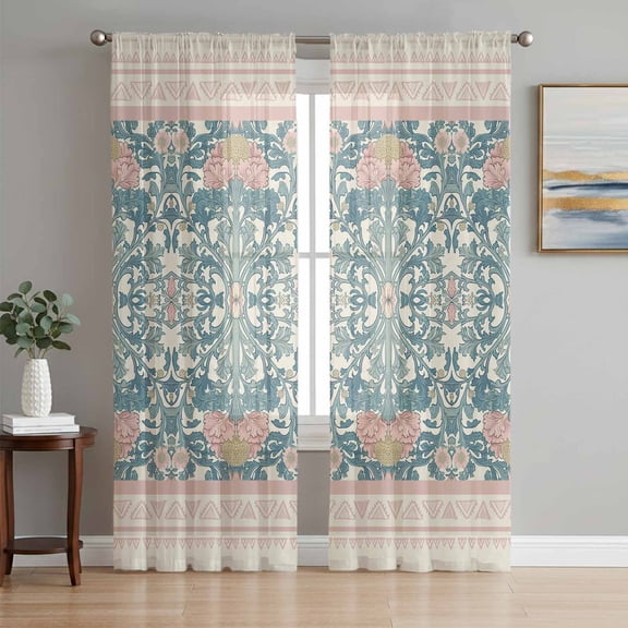 Teal Pink Geometric Sheer Curtains 72 Inch Length 2 Panels Set, Vintage Floral Watercolor Boho Voile Window Treatment Rod Pocket Curtains Sheers Drapes for Bedroom/Living Room/Kitchen 52"x72"x2