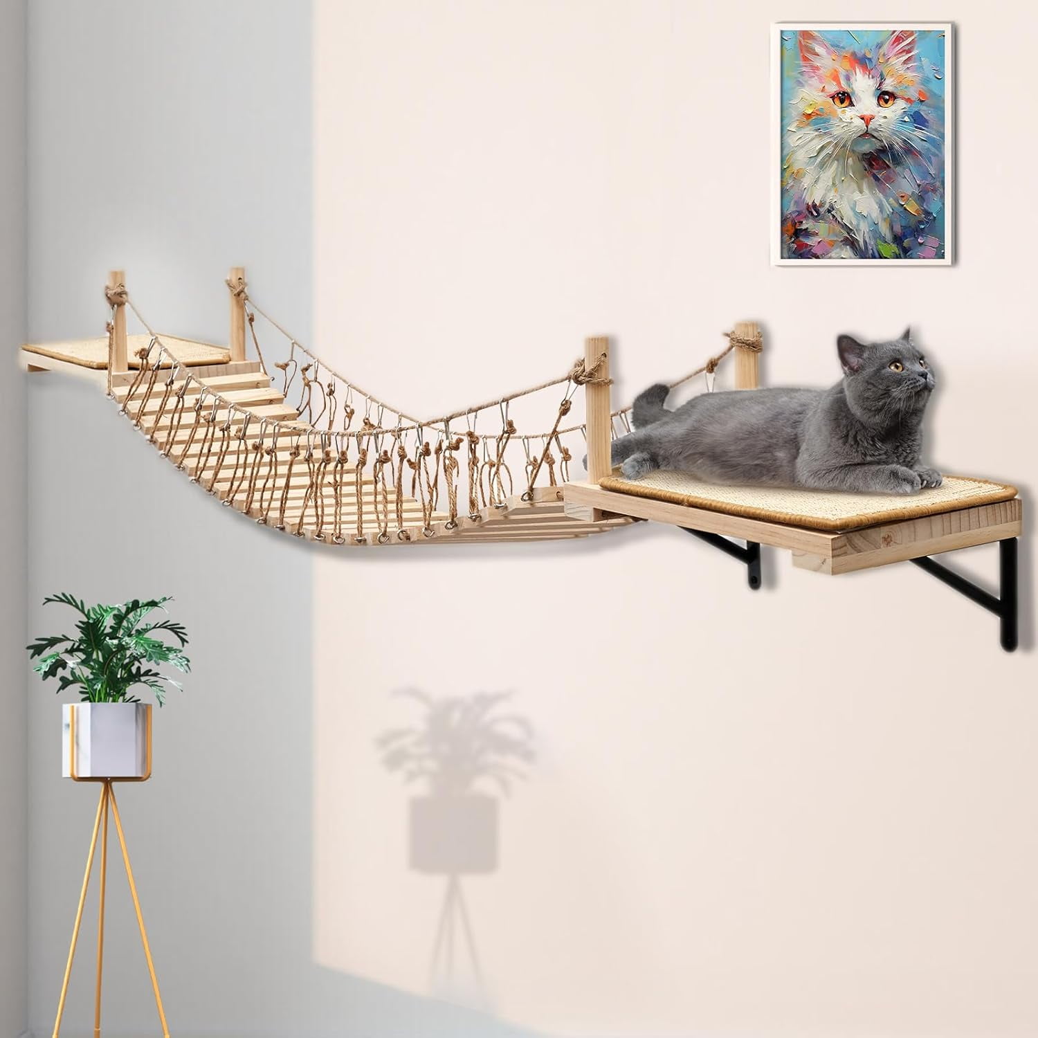A.FATI Wall-Mounted  Roped Bridge Long for Indoor Cats, Wooden Bed and Perches with Sisal Scratch Mat