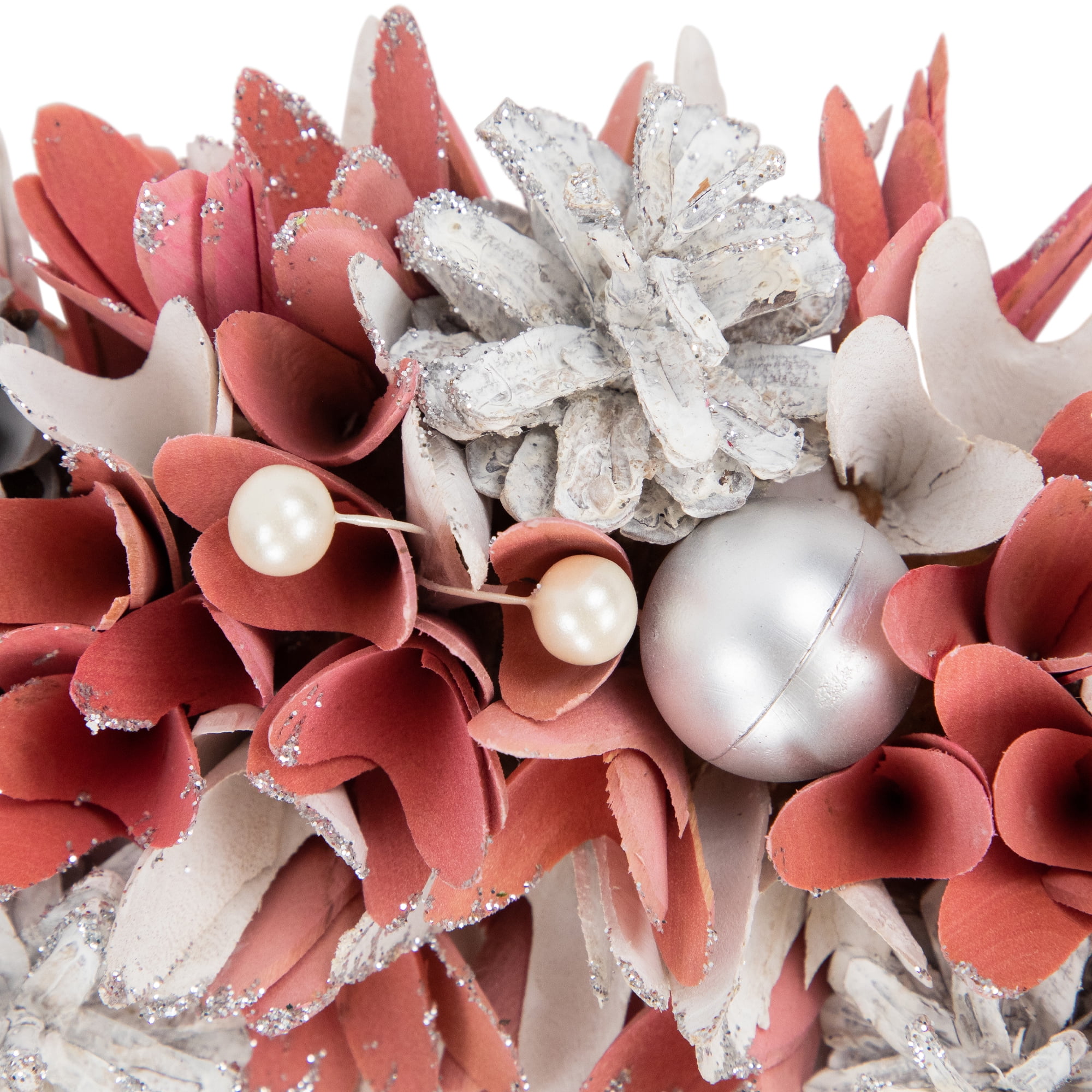 Northlight 13" Pink and White Wooden Floral Christmas Wreath with Pinecones