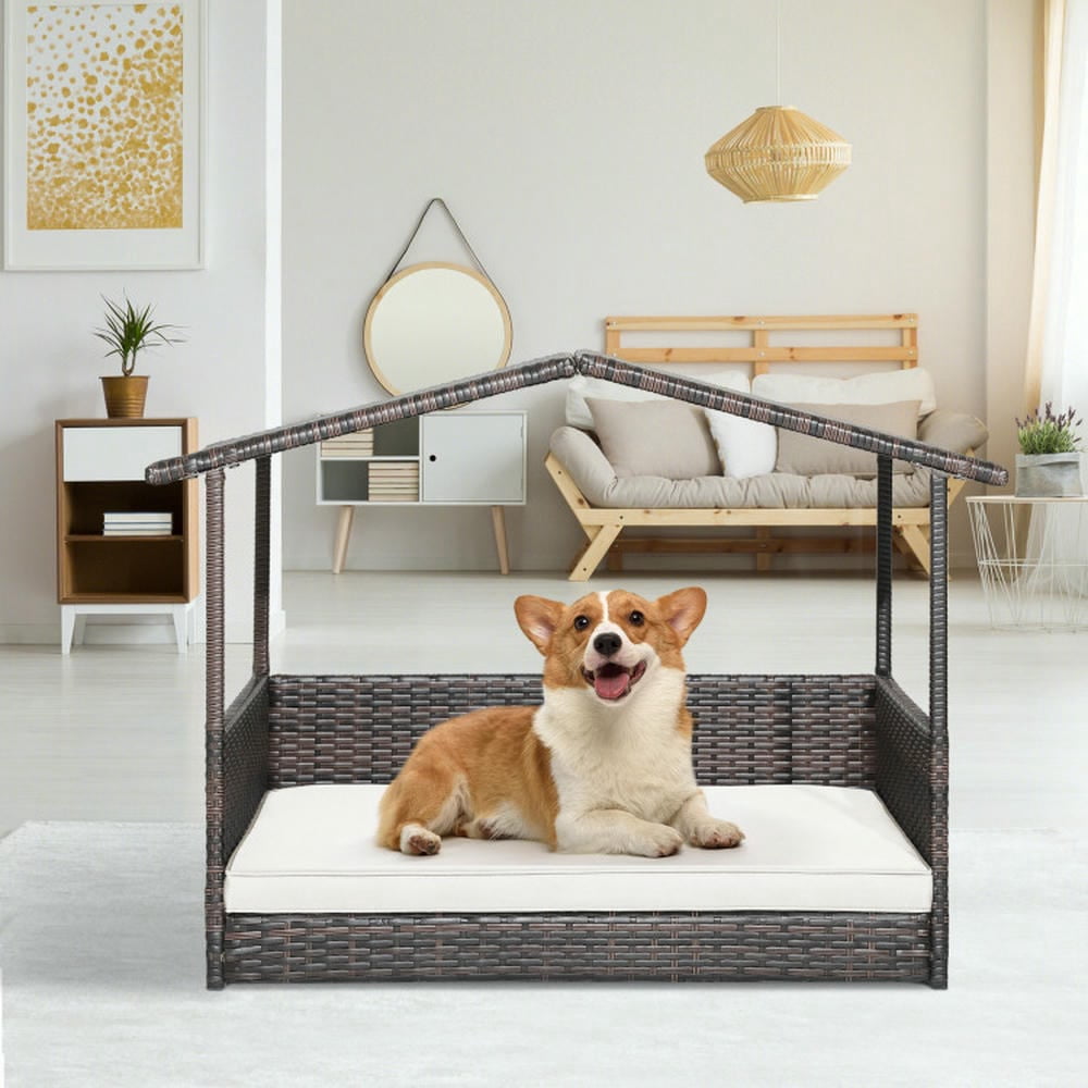 Barara King Dog Crate, Pet Crate, Pet Kennel, Outdoor Wicker Dog House with Weatherproof Roof-White