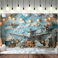 thumbnail image 2 of Airplane Cool Birthday Backdrop Adventure Theme Boy Birthday Party Photography Background Wooden Toy Airplane Travel Suitcase Banner Decorations Baby Shower Party Photo Booth Props, 2 of 5