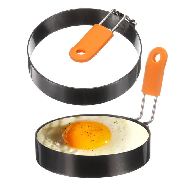 Uxcell 2Pcs Anillos para Huevo 4" Acero Inoxidable Antiadherente Anillo de Cocina para Pancakes con Mango de Silicona para Freír Huevos Sándwiches Tortillas Desayuno
