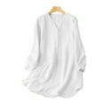thumbnail image 2 of Jewelreauty Summer Oversized Long Sleeve Shirts Women Button V Neck Cotton Linen Tops Casual Loose Blouses with Pocket (S, White), 2 of 3