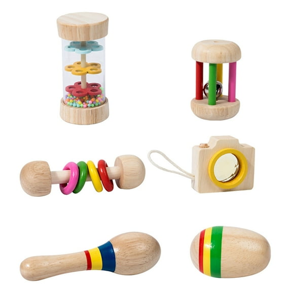 6-Piece Wooden Hand-Cranked Musical Toy Set - Soothing Rain Tube, Drum & Shaker for Sensory Development & Parent-Child Bonding