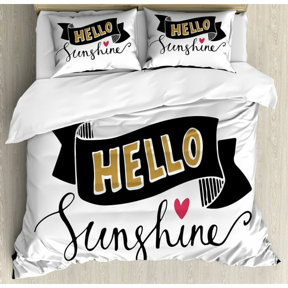 Hello Sunshine Duvet Cover Set Queen Size, Hand Drawn Lettering Design with Heart Grunge Effect and Words, Decorative 3 Piece Bedding Set with 2 Pillow Shams, Pale Brown Coral Black, by Ambesonne