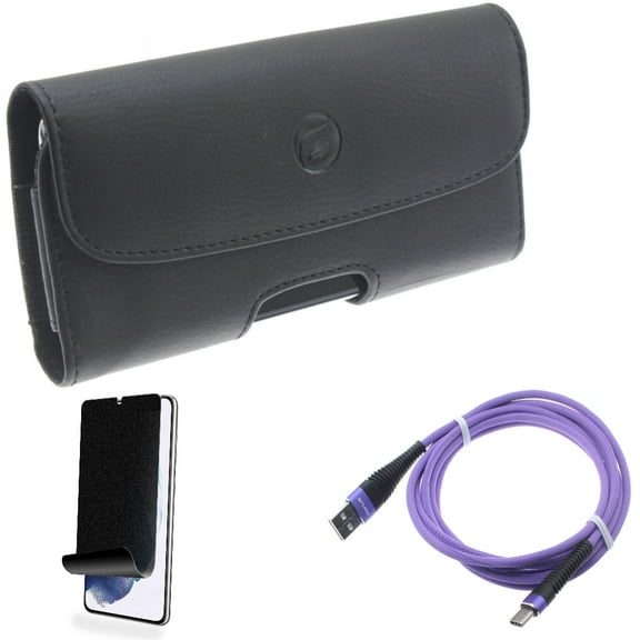 For Samsung Galaxy S21 (6.2") - Type-C Purple 10ft USB Cable   [Fingerprint Works] TPU Film Privacy Screen Protector   Holster Leather Case Belt Clip