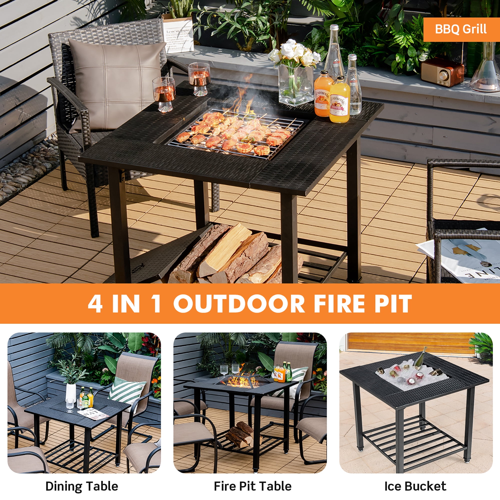 Costway 31'' Outdoor Fire Pit Dining Table Charcoal Wood Burning W/ Cooking BBQ Grate