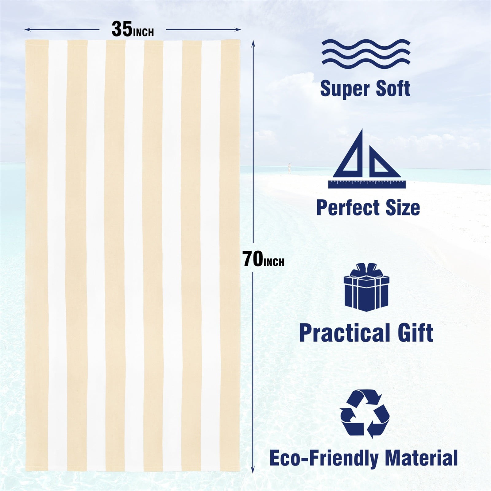 Large Oversized Beach Towel - Big Size Cotton 35 x 70 Inch Striped Pool Towel, Large Cabana Soft Swimming Towel for Adult Men Women, (Beige)