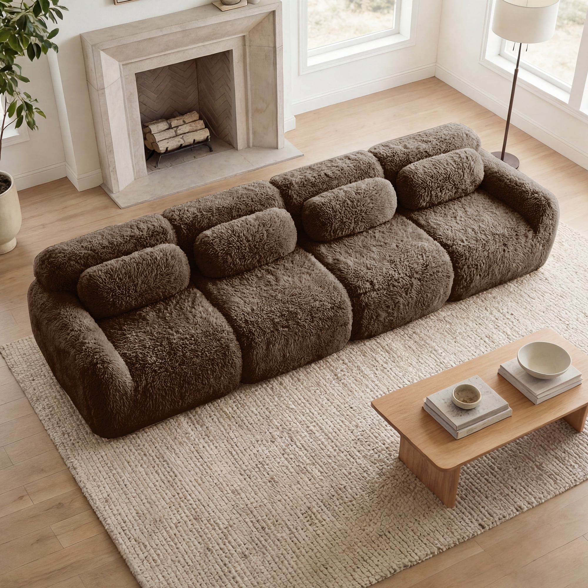 MAYEERTY 149" Plush Boneless Sofa, Chocolate 32D Foam Ergonomic Vacuum Compression Buckle Connection Free Combination Couch for Bedroom Study
