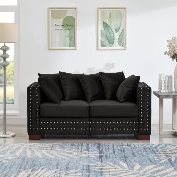 Modern Black Velvet Loveseat Sofa - 60.5" Square Armrest with Silver Nail Trim & Storage - Comfortable Spring Coil Seating for Living Room