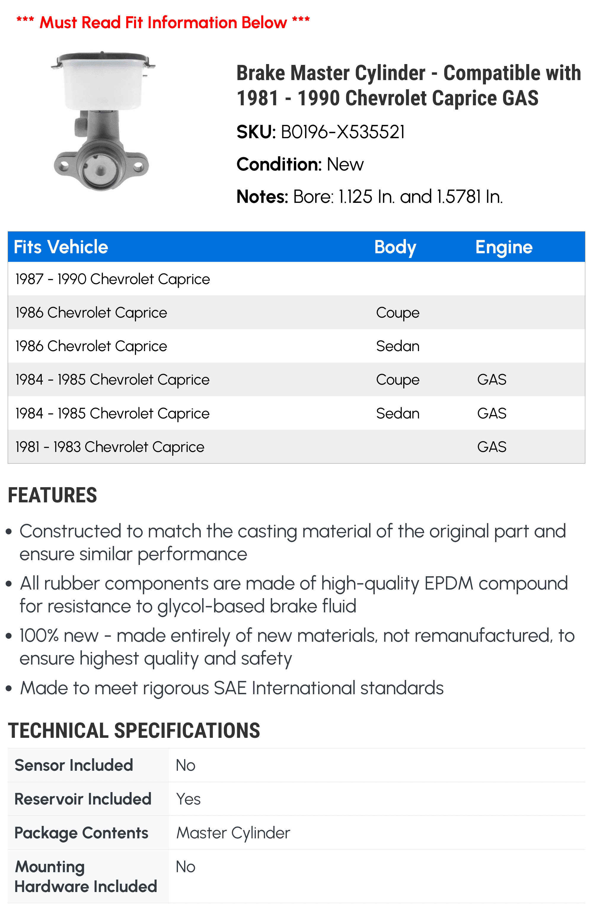 Brake Master Cylinder - Compatible with 1981 - 1990 Chevy Caprice GAS 1982 1983 1984 1985 1986 1987 1988 1989