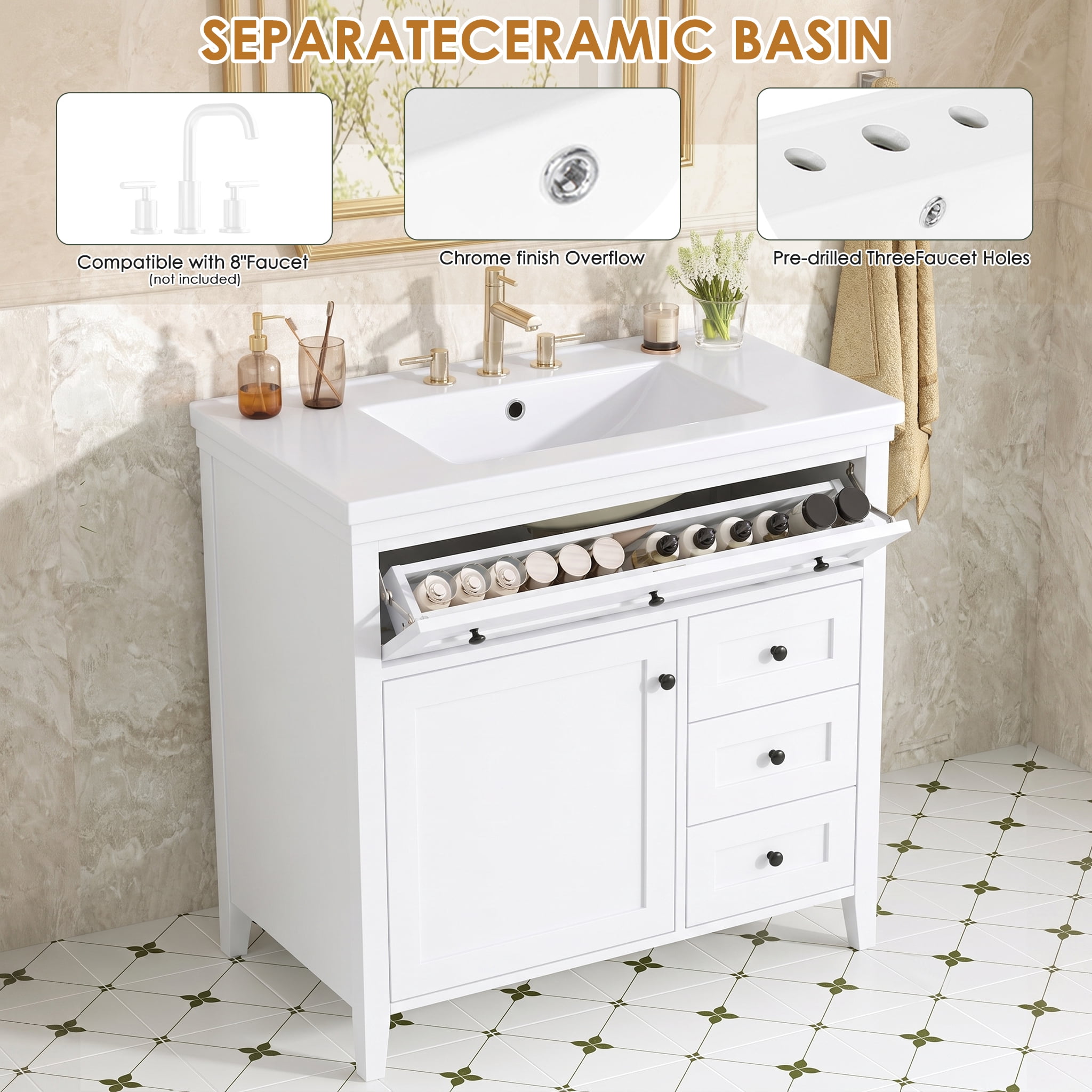 Anpport 36" Freestanding Bathroom Vanity with Sink, Modern MDF & Rubberwood Cabinet, 3 Drawers, Adjustable Shelf & Left‑Side Door, White