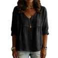 thumbnail image 2 of Women's Cotton Linen V Neck Blouse Casual 3/4 Sleeve Babydoll Pleated T Shirts Summer Boho Relaxed Fit Vacation Tunic Tops Black XXL, 2 of 5