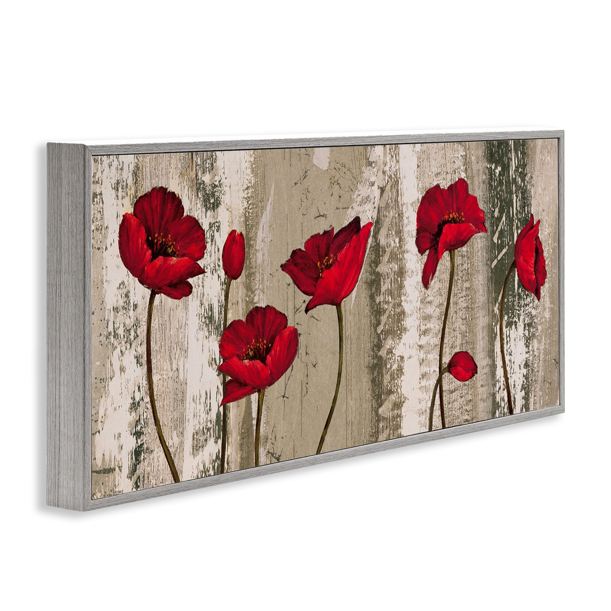 Stupell Industries Red Poppies Rustic Pattern Botanical & Floral Painting Gray Framed Art Print Wall Art, 30 x 13