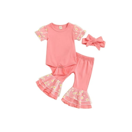 

TheFound 3Pcs Baby Girl Outfits Daisy Mesh Patchwork Lace Short Sleeve Romper Top + Flared Pants + Headband Clothes