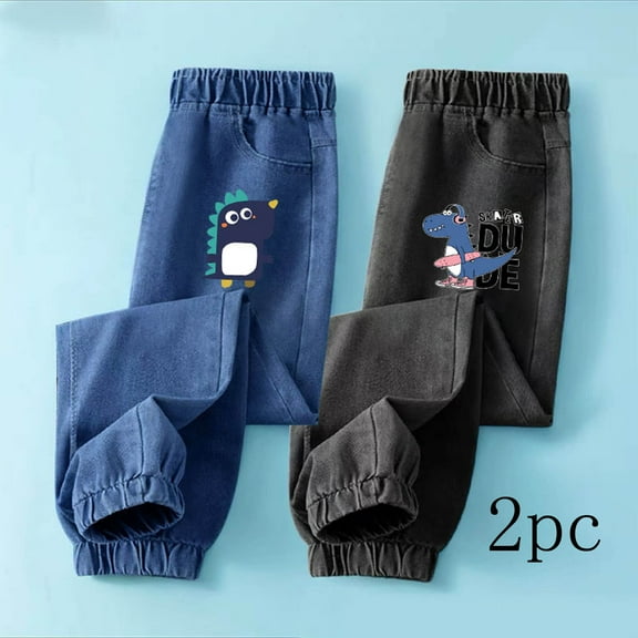 CYRBOKO Boys Graphic Jeans, Comfy 2 Pack Elastic Waist Loose Long Pants Blue Size 6 T