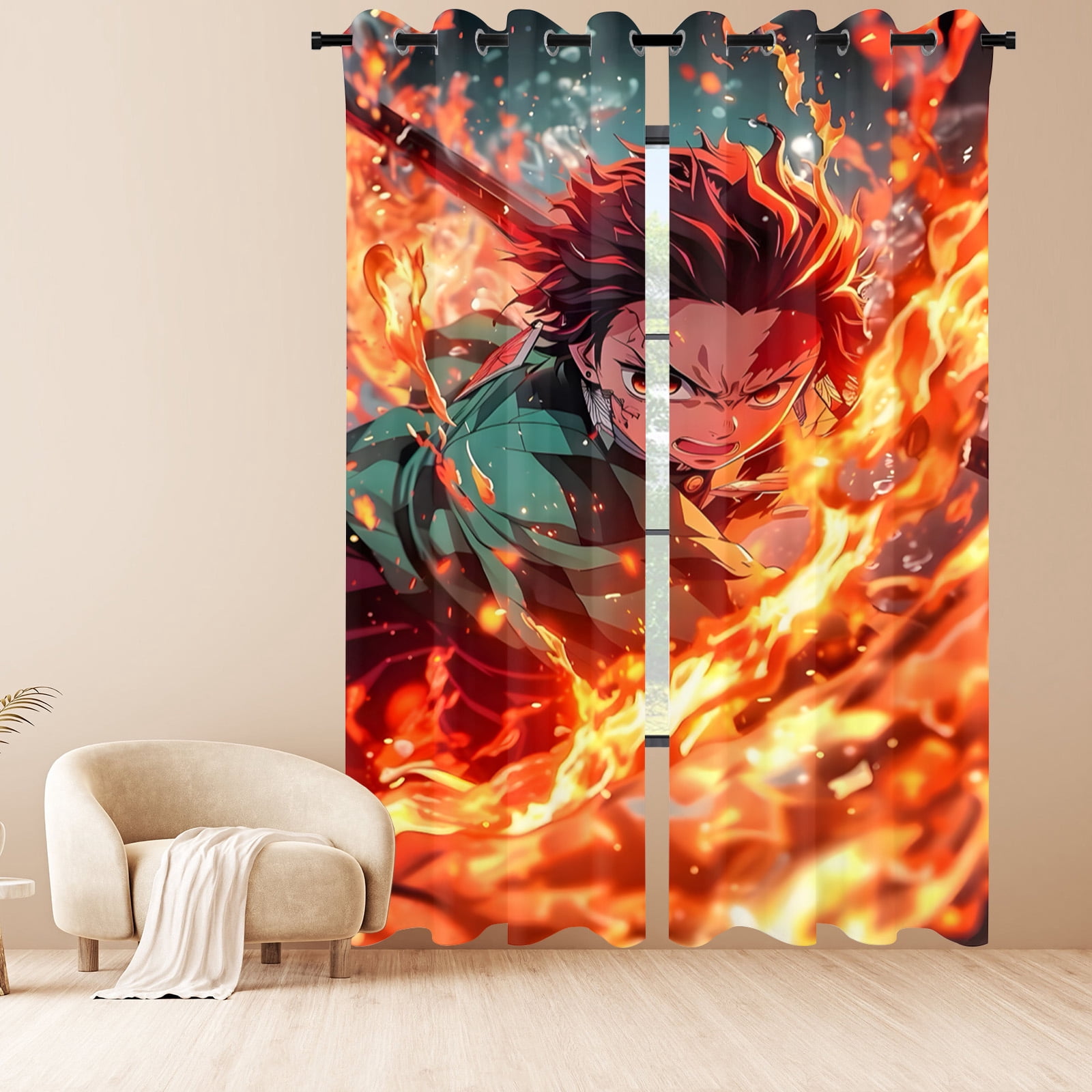 Anime Curtains for Bedroom Drapes Slayer Tanjirou Inosuke Kyoujurou Print Design Window Treatments Curtain Panel Set, 2-Panels, 42" W x 63" L