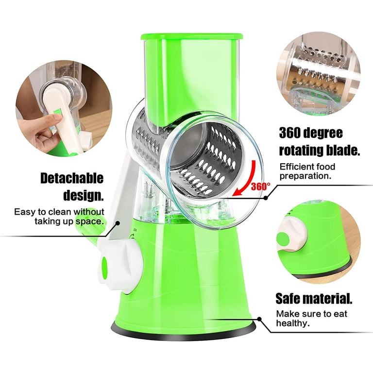 Elyum Rotary Cheese Grater Manual Cheese Grater with Handle 3  Interchangeable Stainless Steel Blades Cheese Shredder Strong Suction Base Cheese  Graters for Kitchen Vegetables, Cheese and Nuts (Green): Home & Kitchen