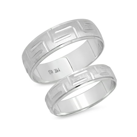 - His and Hers 14K Solid White Gold Greek Key Design Mens Womens Wedding Band Ring Set