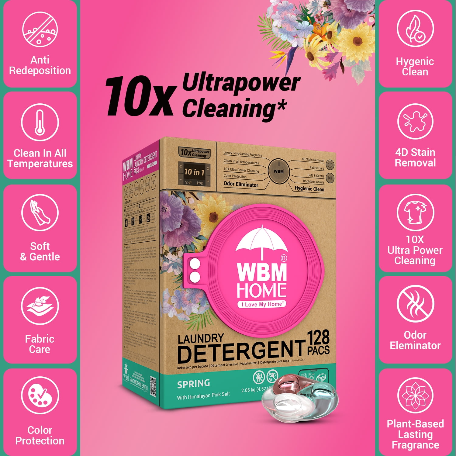 WBM Laundry Detergent Pods, Spring Fragrance, 128 Count, HE Concentrated, 10x Ultra Power