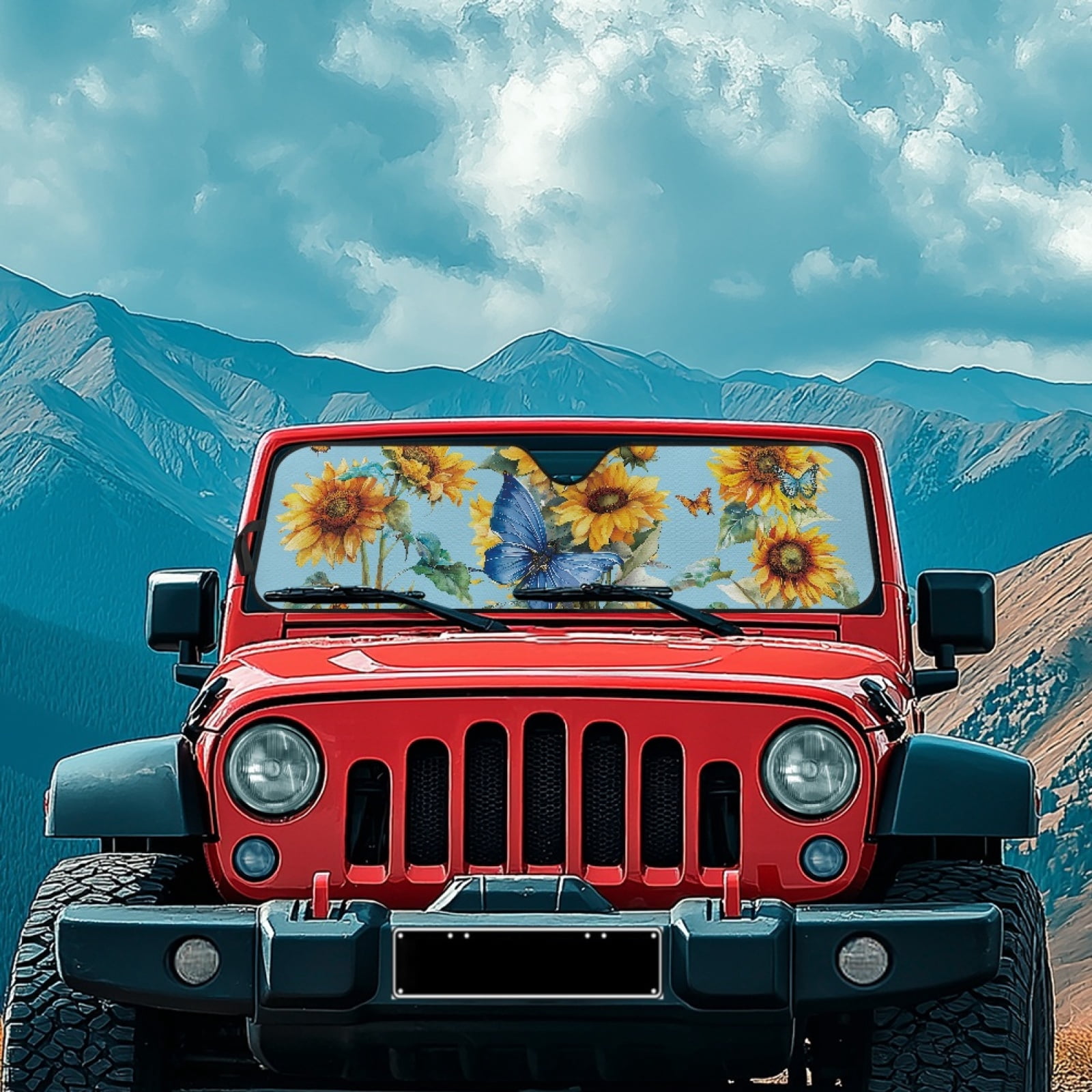 Jeiento Butterfly Sunflower Windshield Sun Shade Compatible with 2007-2024 Wrangler Rubicon Sahara TJ JK JKU 2 & 4 Door Car Sun Shade Sun Visor Protector Keep Your Vehicle Cool