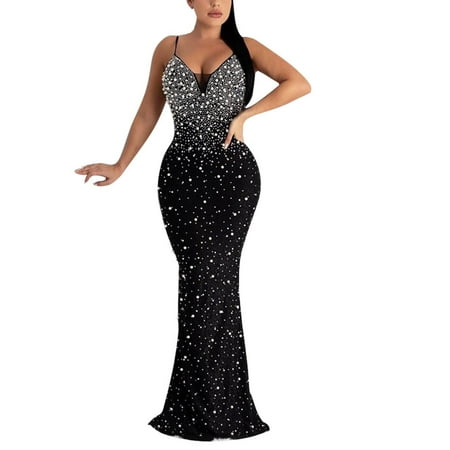 

MINZON Vestidos De Gala Largos Y Elegantes 2023 Womens Hot Drill Nail Beads Suspender Dress Female