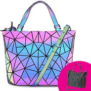 HAWWWY Luminous Geometric Purse and Handbag Holographic Reflective Bag Fashion Colorful Purse Cool Color Changing Medium Womens Bag