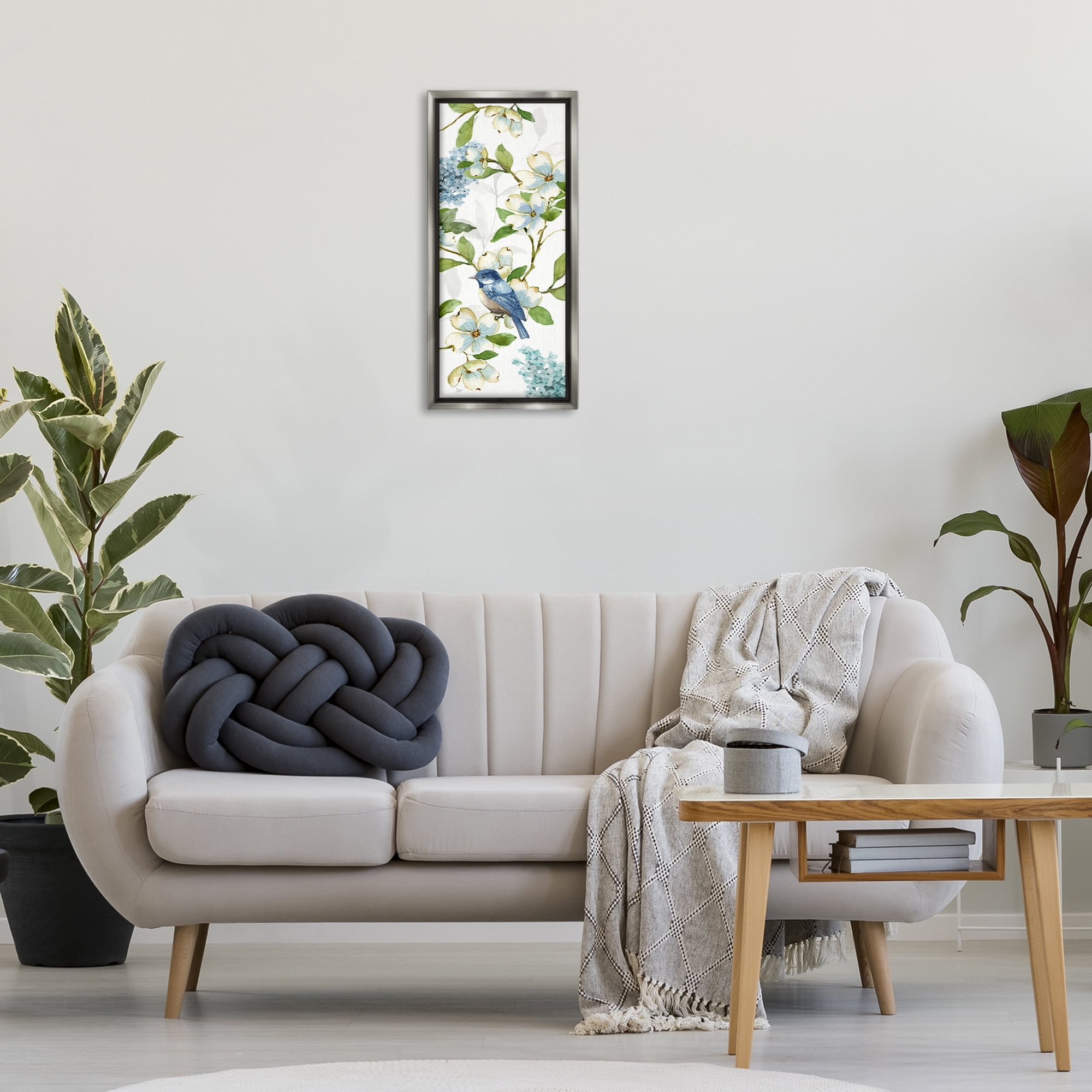 Stupell Industries Dogwood Flowers & Bird Plants & Flowers Painting Gray Floater Framed Canvas Art Print Wall Art, 11 x 25