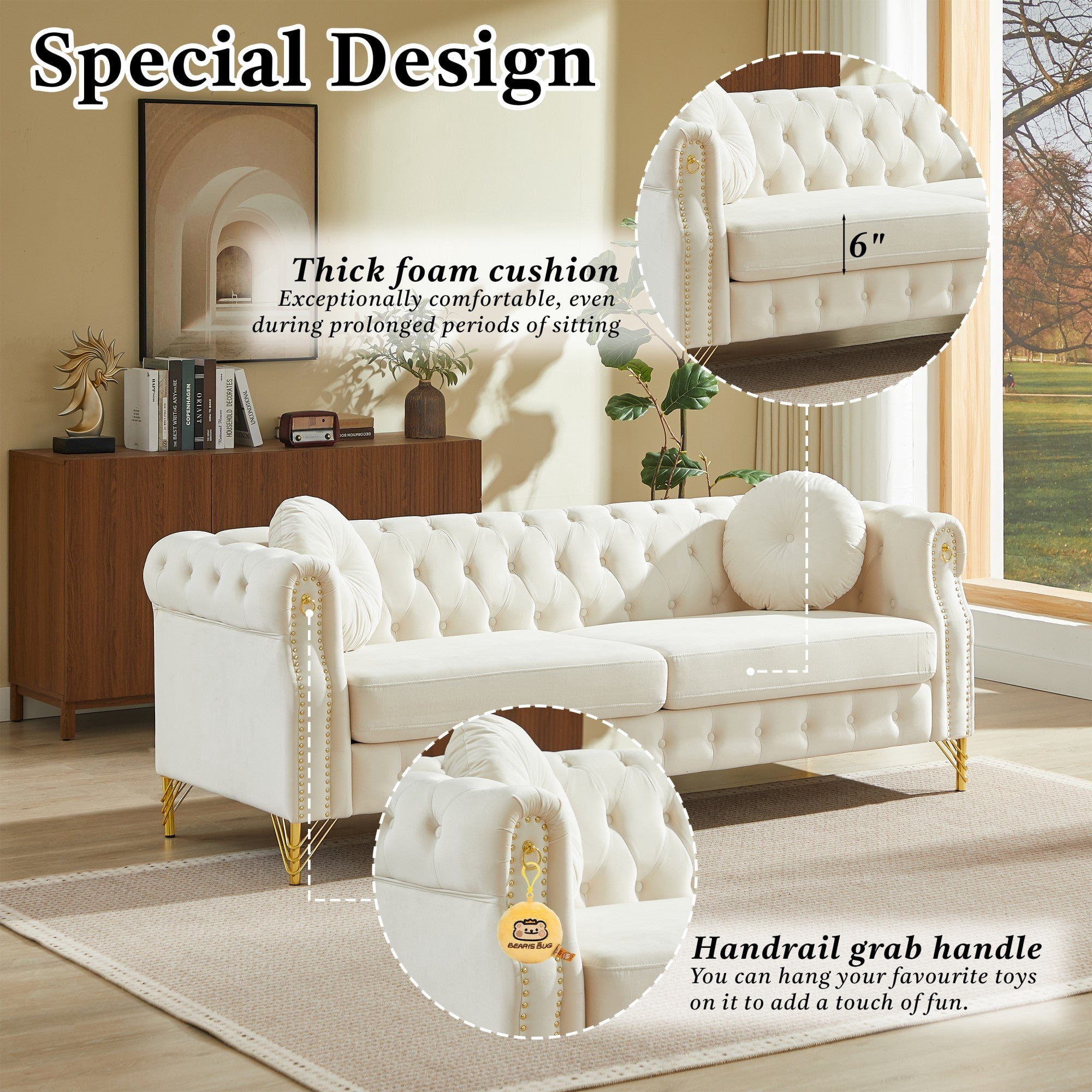 Sailvan 60.5" Velvet Chesterfield Loveseat, 2-Seater Tufted Sofa with Nailhead Trim, Gold Metal Legs & 2 Round Pillows for Living Room Beige